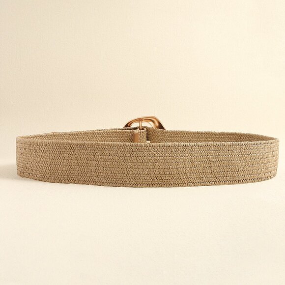 2/$30 Wide Woven Straw Belt Gold Tone Buckle Waist Cincher For Tunic Dress Coat - Picture 4 of 11